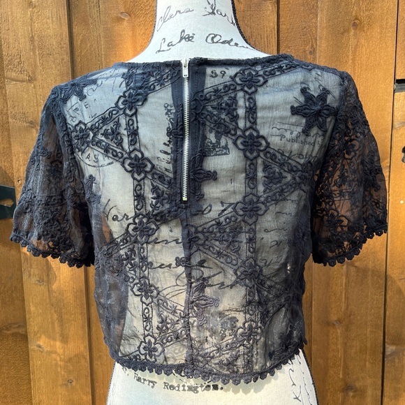 Forever 21 Black Lace Short Sleeve Crop Top Size M EUC - Picture 2 of 5